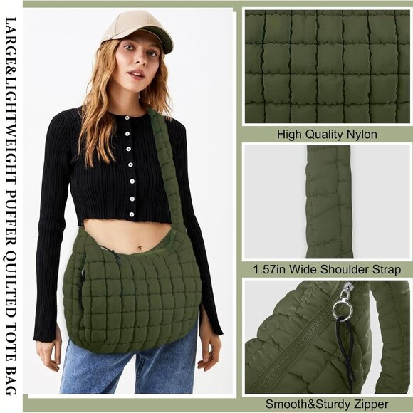 Quilted Puffer Tote Bag Purse Puffy Crossbody Shoulder Bag,Lightweight Nylon Hob - Picture 3 of 7